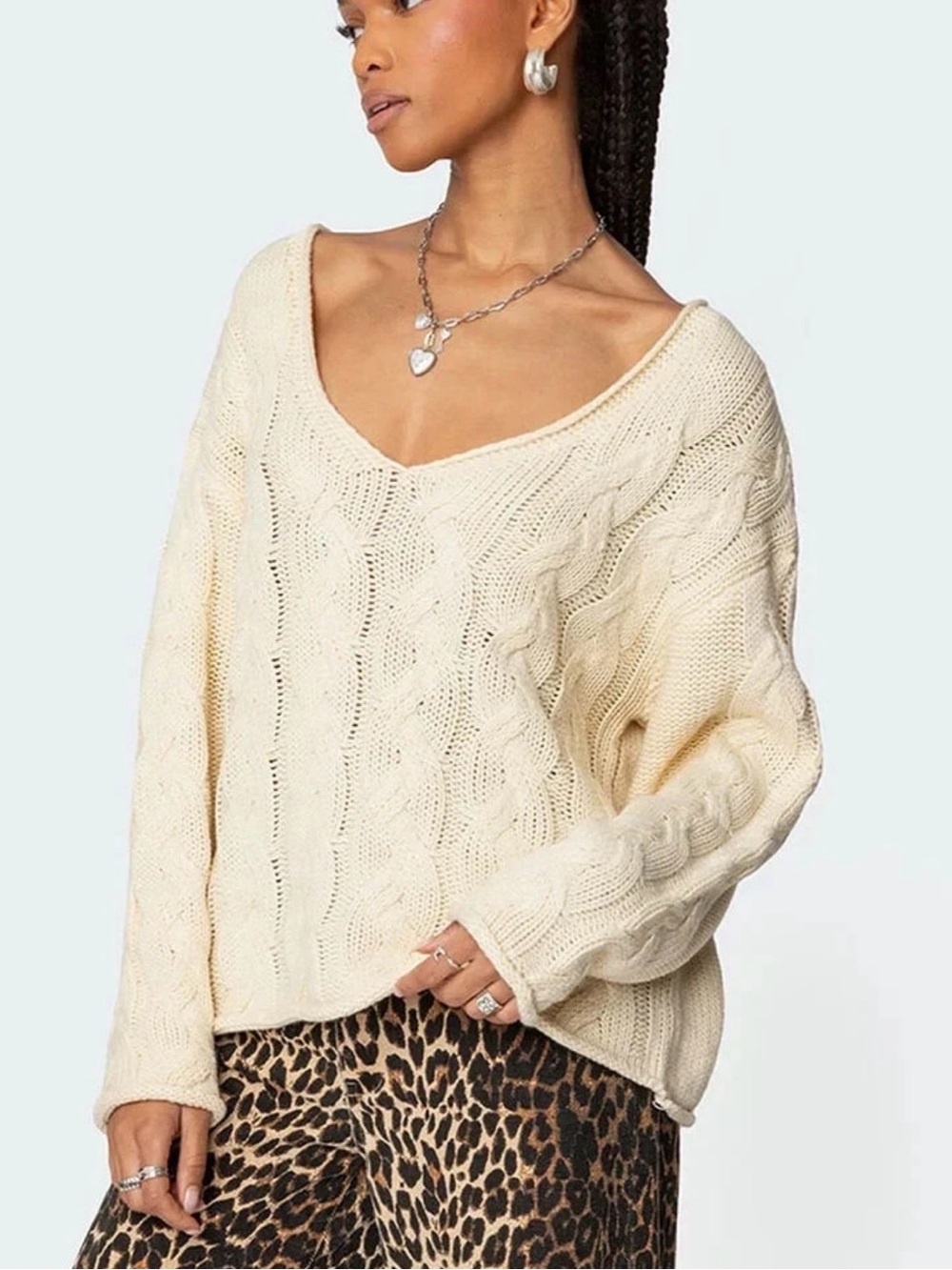 Edikted Inga Oversized Cable Knit V-Neck Sweater In Cream Size XS